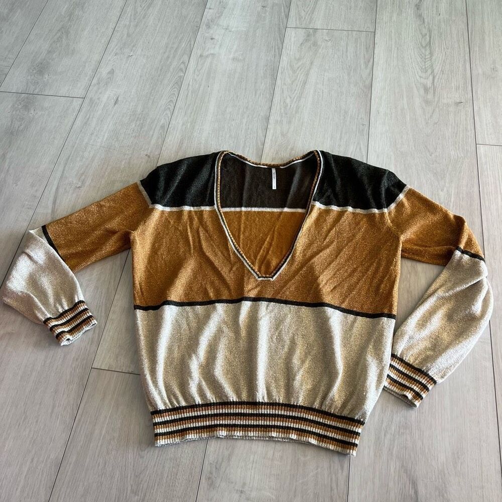 Free People Lurex V-Neck Striped Sweater - Black, Gold, Cream